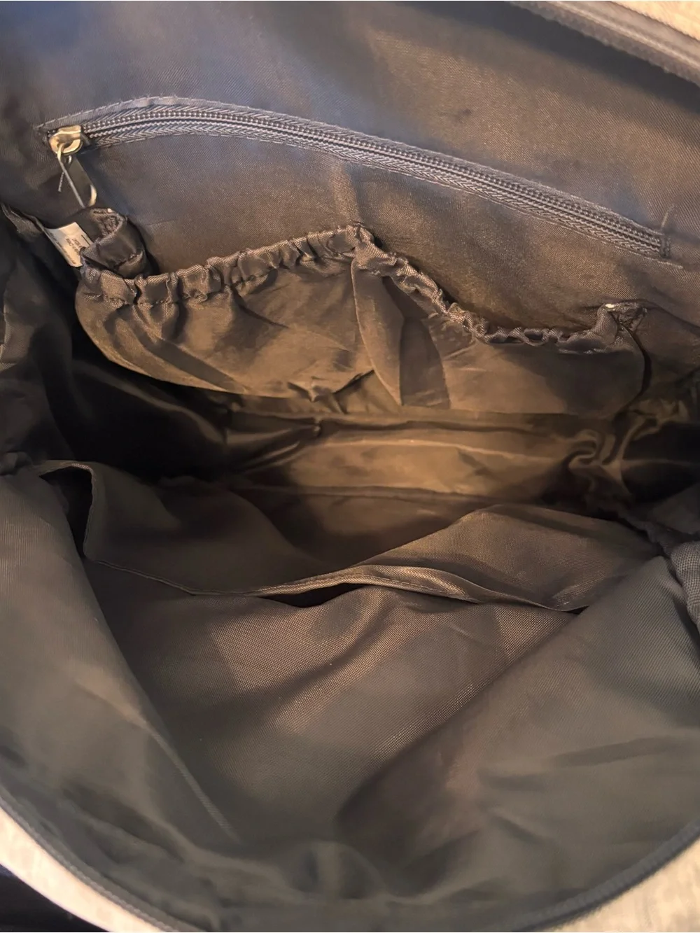 Eddie Bauer Cascade Backpack Diaperbag in gray and white with tan trim